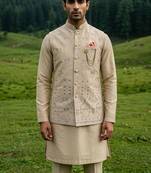 dark beige silk mens kurta jacket set with thread design