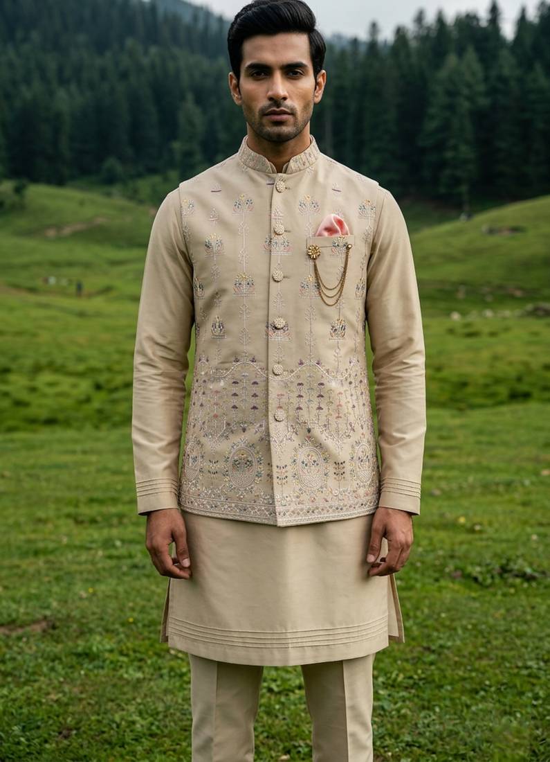 dark beige silk mens kurta jacket set with thread design