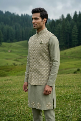 green silk mens kurta jacket set with thread sequins 2