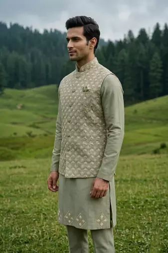 green silk mens kurta jacket set with thread sequins