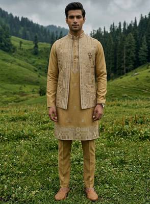 mustard silk kurta jacket set with embroidery 3