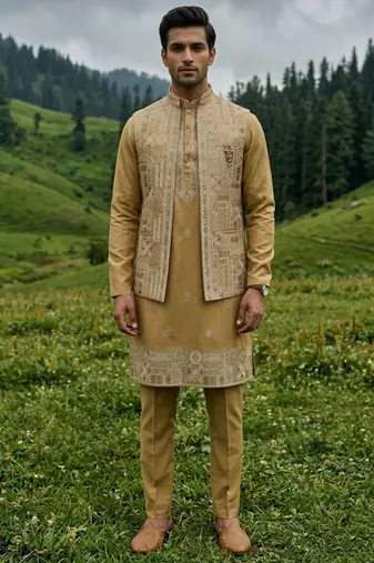 mustard silk kurta jacket set with embroidery