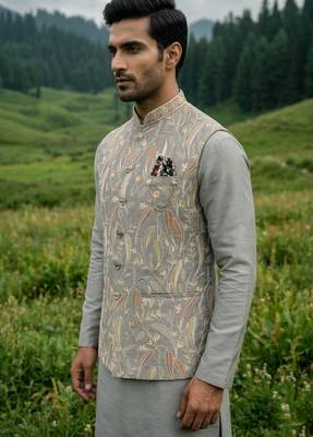 grey silk mens kurta jacket set with sequins work 2