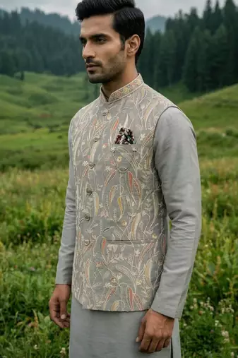 grey silk mens kurta jacket set with sequins work