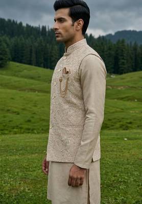 gold silk mens kurta jacket set with thread sequins 3