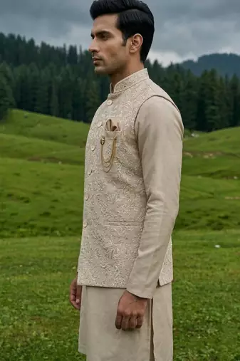 gold silk mens kurta jacket set with thread sequins