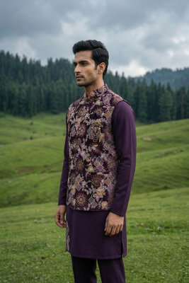 purple silk kurta jacket set with embroidery 2