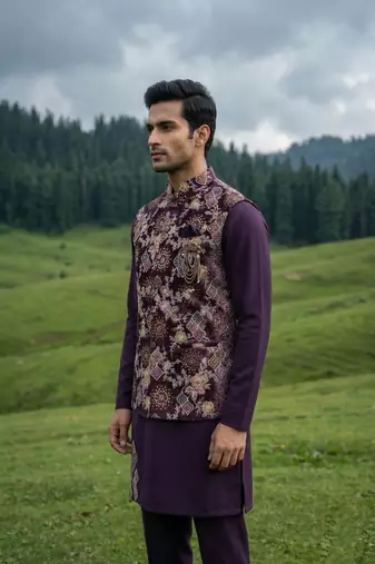 purple silk kurta jacket set with embroidery