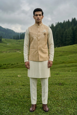 ivory silk mens kurta set with yellow designer jacket 3