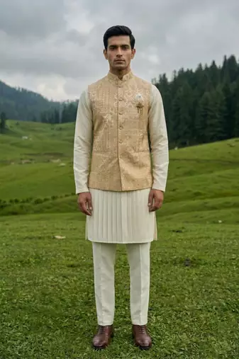 ivory silk mens kurta set with yellow designer jacket