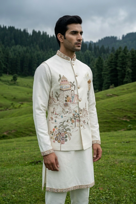 ivory silk blend kurta set with thread sequins 2