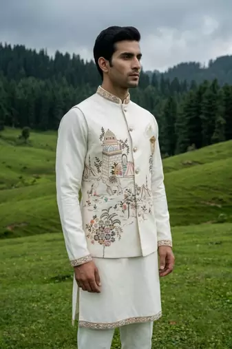 ivory silk blend kurta set with thread sequins