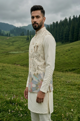 ivory silk mens kurta jacket set with embroidery 2