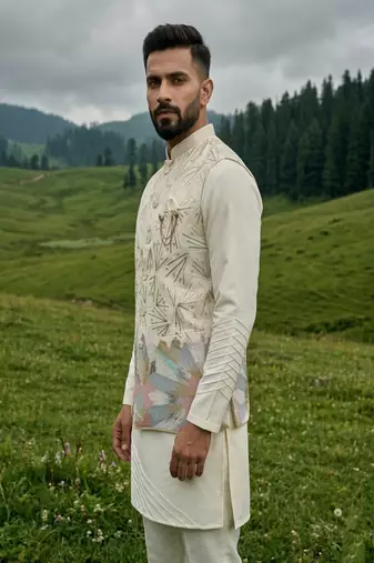 ivory silk mens kurta jacket set with embroidery