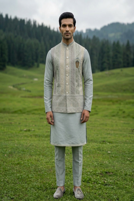 dark grey silk mens kurta jacket set with thread sequins 3