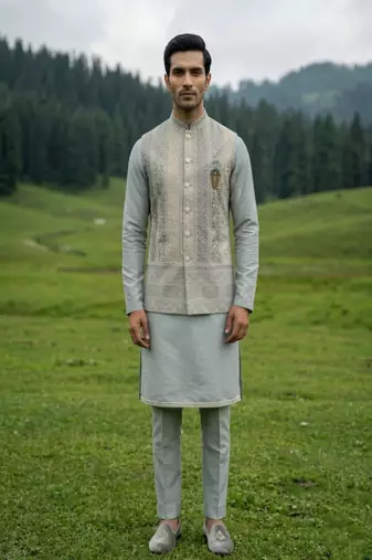 dark grey silk mens kurta jacket set with thread sequins