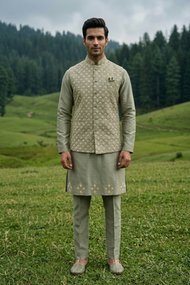 green silk mens kurta jacket set with thread sequins 3