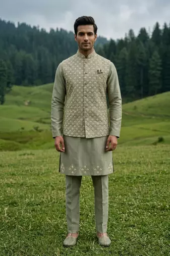 green silk mens kurta jacket set with thread sequins