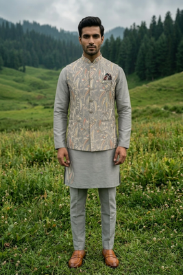 grey silk mens kurta jacket set with sequins work 3