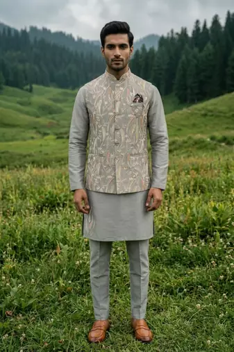 grey silk mens kurta jacket set with sequins work