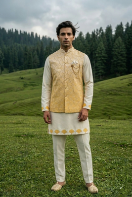 ivory silk kurta set with yellow embroidery jacket 3
