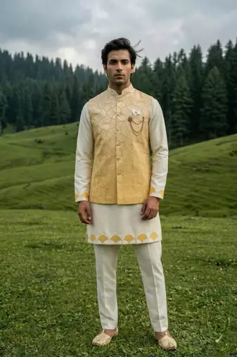 ivory silk kurta set with yellow embroidery jacket