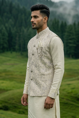 grey silk kurta jacket set with sequins and brooch 2