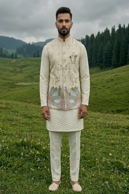 ivory silk mens kurta jacket set with embroidery 3