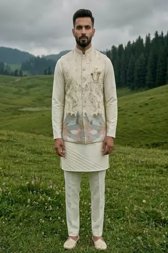 ivory silk mens kurta jacket set with embroidery