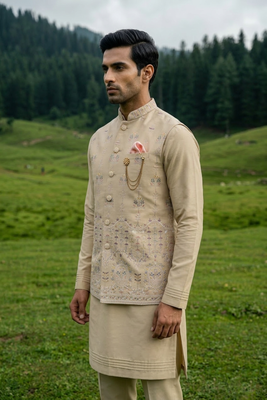 dark beige silk mens kurta jacket set with thread design 2
