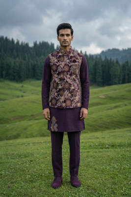 purple silk kurta jacket set with embroidery 3