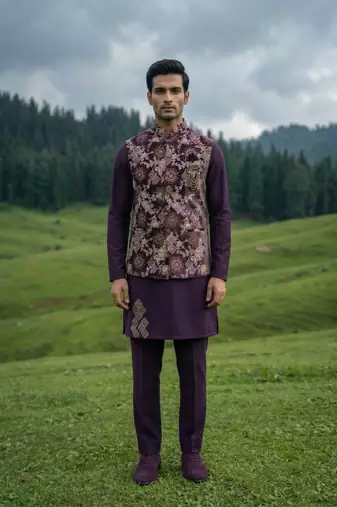purple silk kurta jacket set with embroidery
