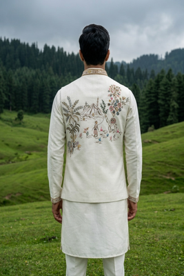 ivory silk blend kurta set with thread sequins 3
