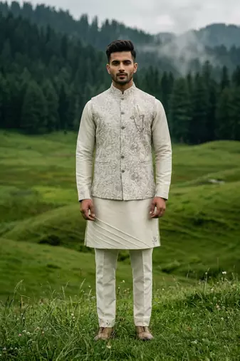 grey silk kurta jacket set with sequins and brooch