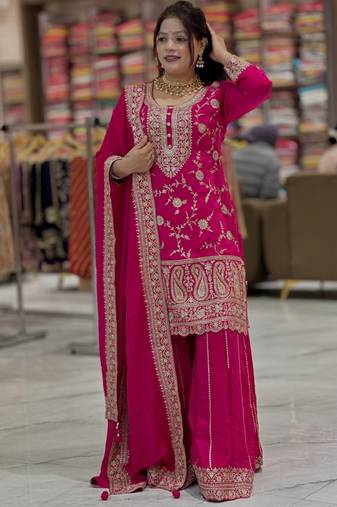 designer pink chinon silk sharara suit