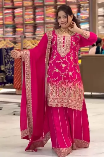 designer pink chinon silk sharara suit