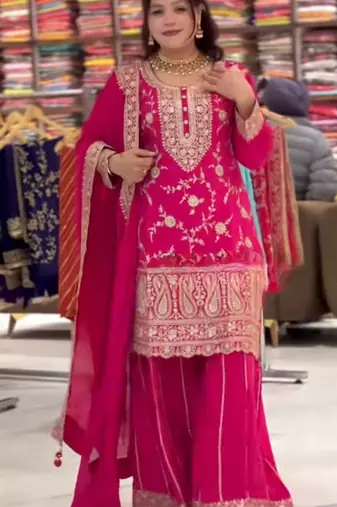 designer pink chinon silk sharara suit