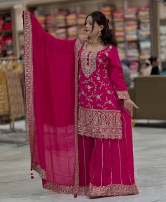 designer pink chinon silk sharara suit 4