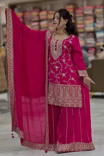 designer pink chinon silk sharara suit