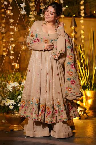 beige embroidered crunchy silk party wear sharara set