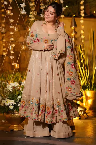 beige embroidered crunchy silk party wear sharara set