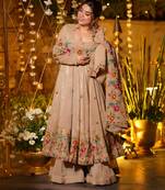 beige embroidered crunchy silk party wear sharara set