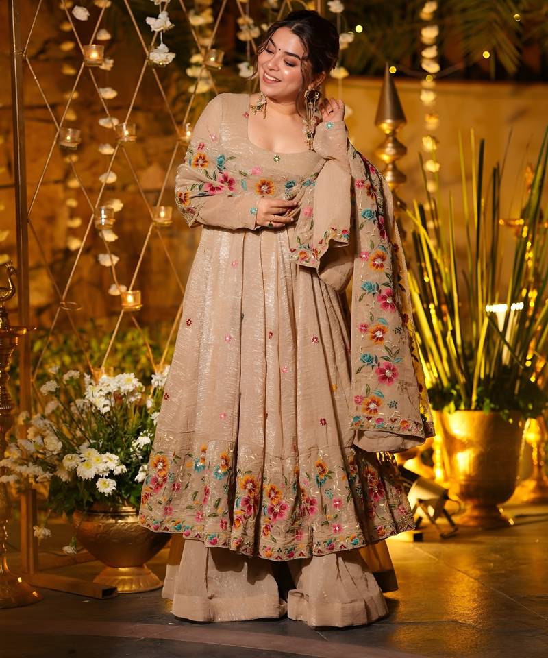 beige embroidered crunchy silk party wear sharara set