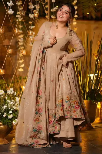 beige embroidered crunchy silk party wear sharara set