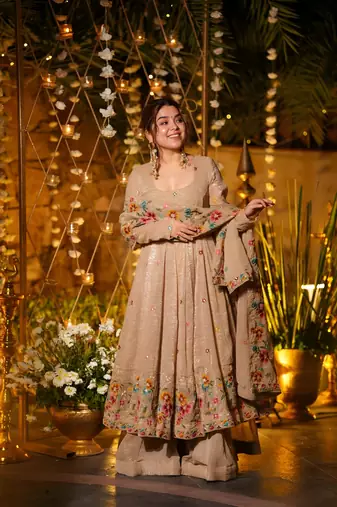 beige embroidered crunchy silk party wear sharara set