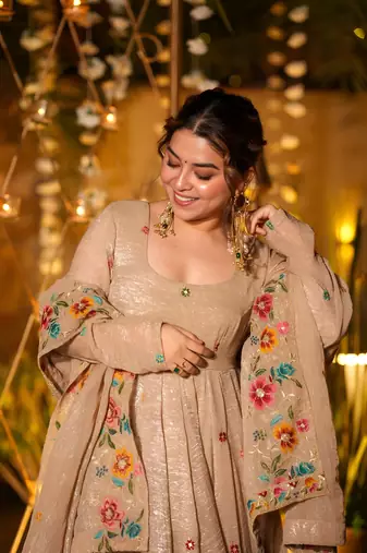 beige embroidered crunchy silk party wear sharara set