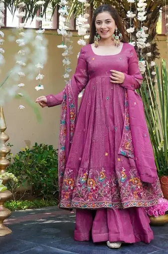 dusty rose embroidered crunchy silk party wear sharara set