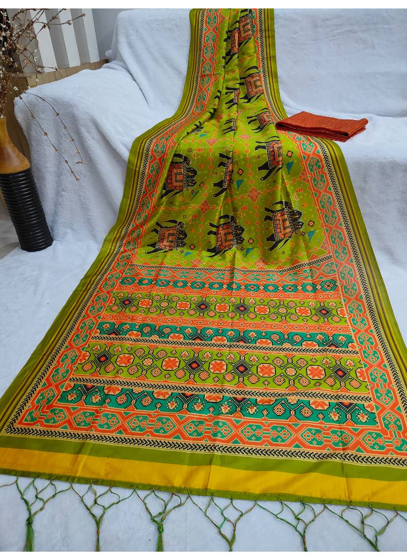 Digital print assami silk saree with jequared unstitched blouse and beautiful multicoloured thred work at pallu