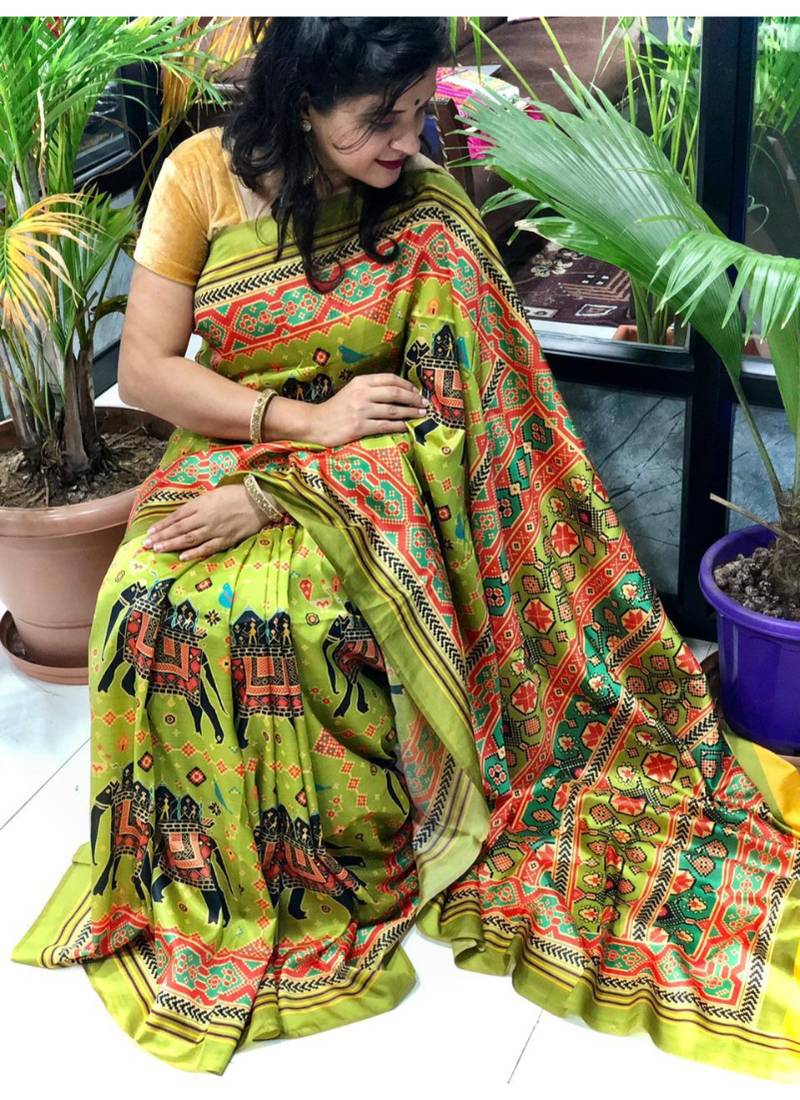 Digital print assami silk saree with jequared unstitched blouse and beautiful multicoloured thred work at pallu