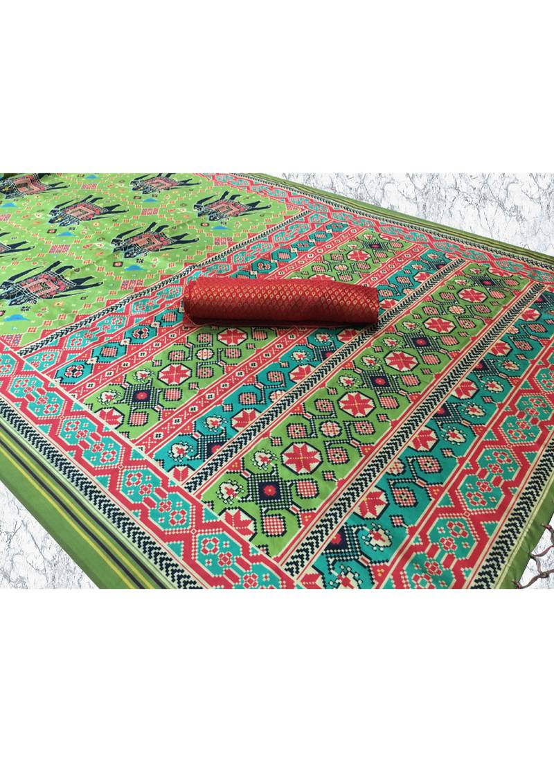 Digital print assami silk saree with jequared unstitched blouse and beautiful multicoloured thred work at pallu